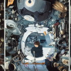 Astronaut surrounded by satellites, capsules, and machinery in space