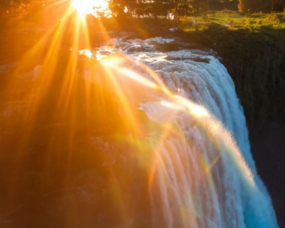 Majestic waterfall under radiant sunburst and lush greenery