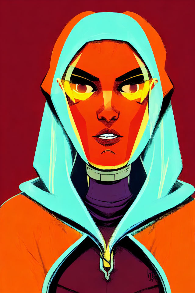 Stylized woman in teal hoodie and orange visor on red background