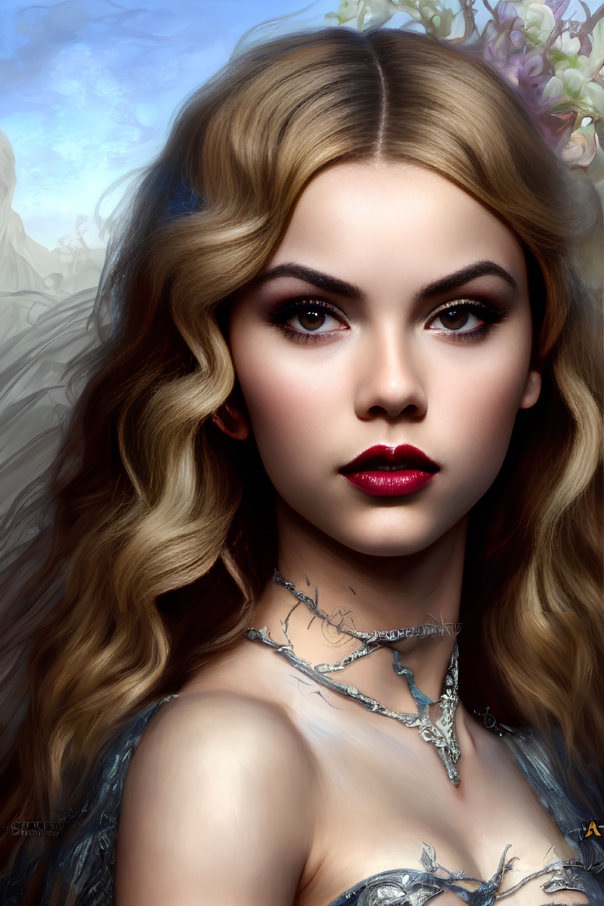 Digital portrait of woman with wavy hair and intense eyes, wearing twig necklace