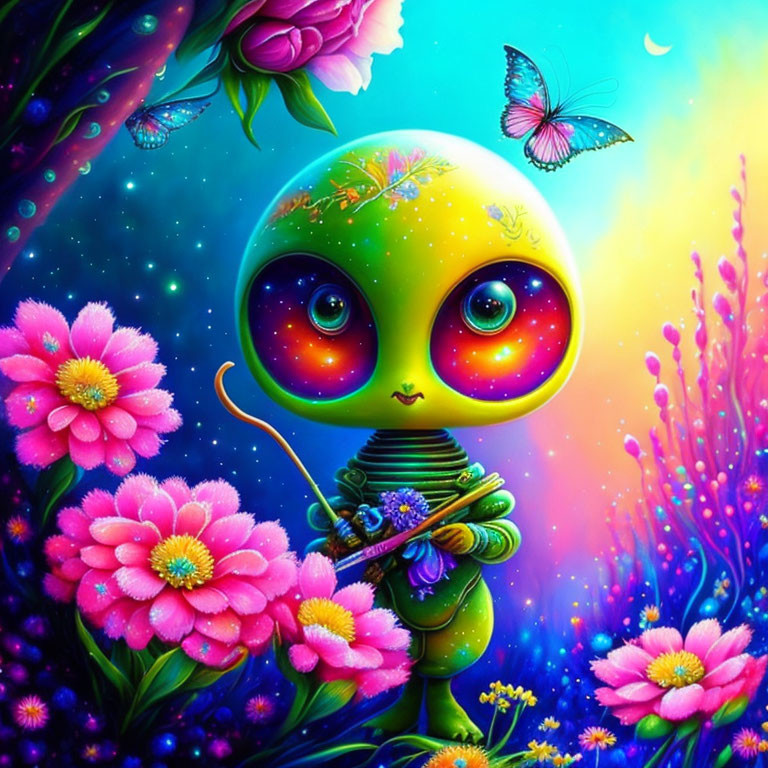 Colorful Alien Holding Flowers in Fantastical Landscape