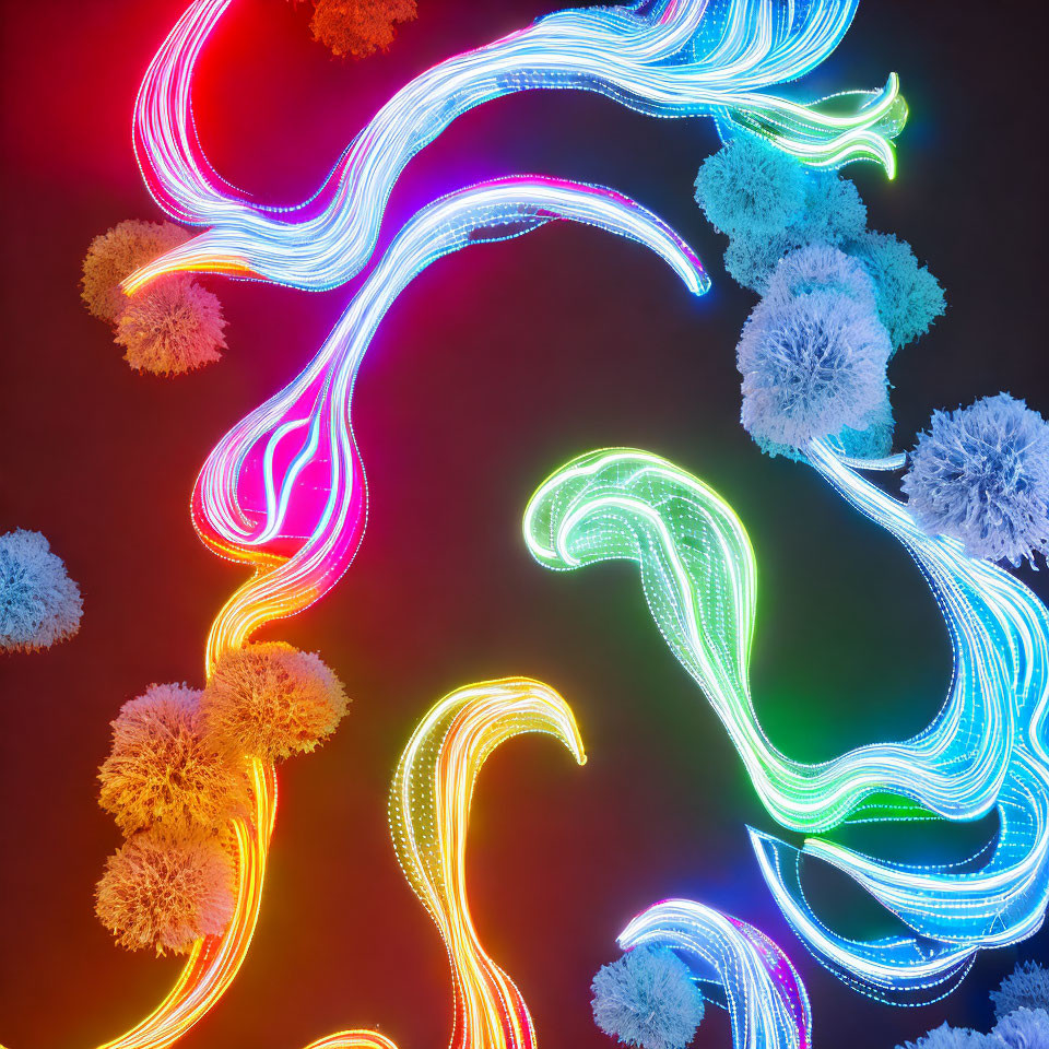 Neon light trails form coral-like structures on dark background