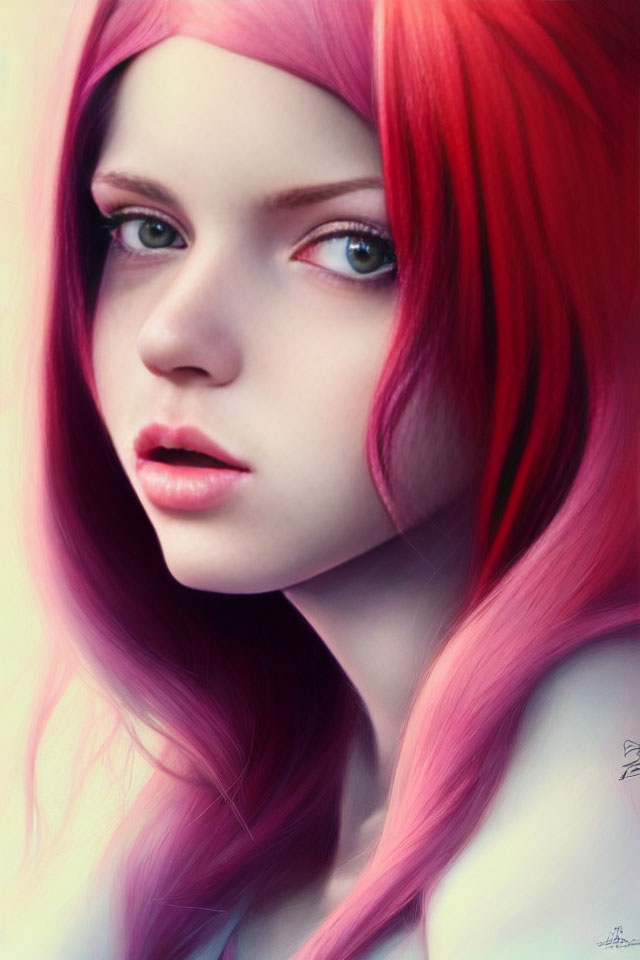 Vibrant pink hair and green-eyed female in digital art