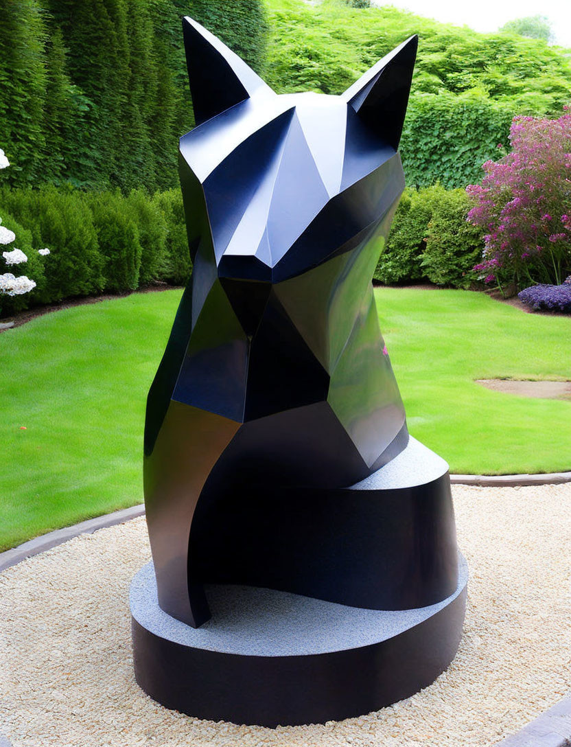 Geometric Fox Sculpture in Black and White, Surrounded by Lush Garden