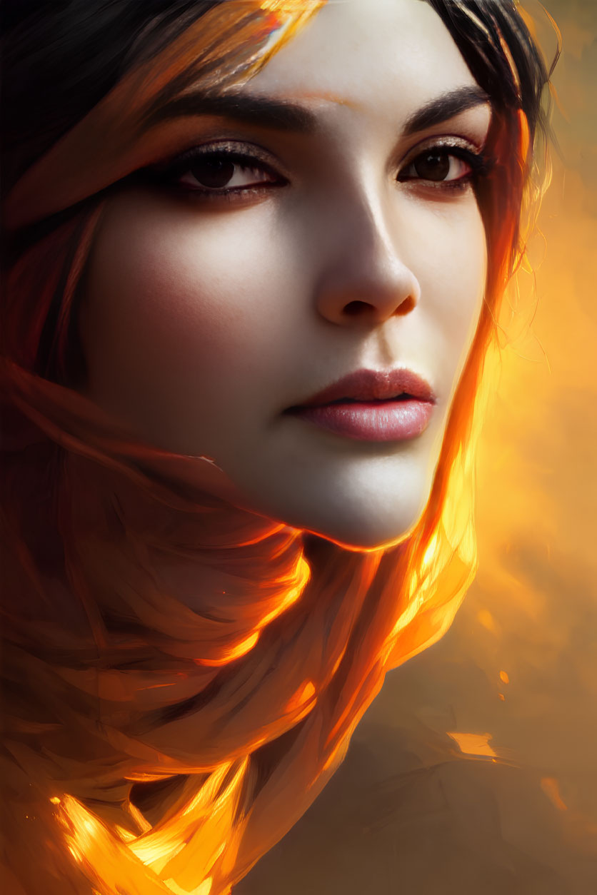Intense gaze portrait of a woman with warm glowing light and flowing scarf