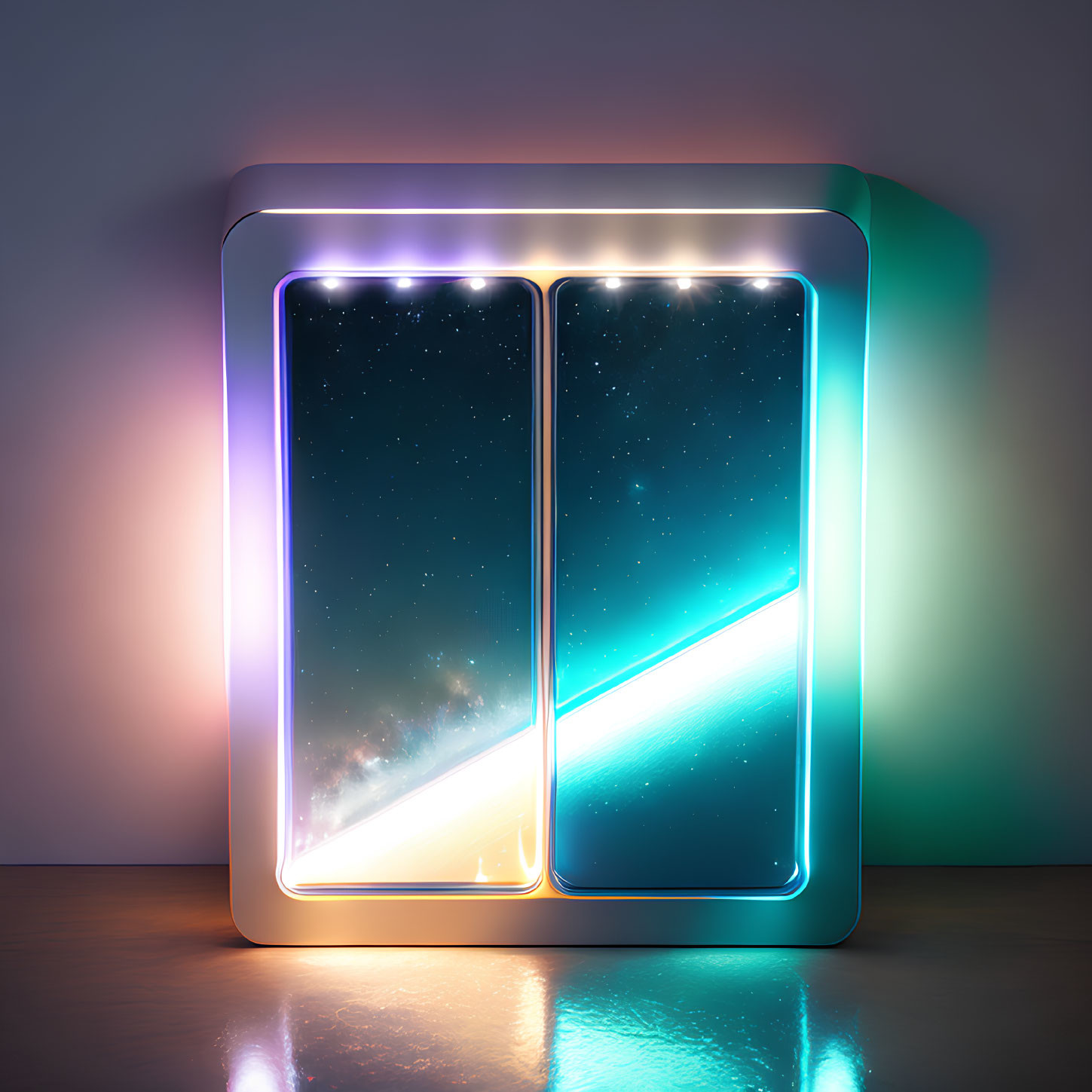 Neon-lit frame featuring smartphones with cosmic wallpapers
