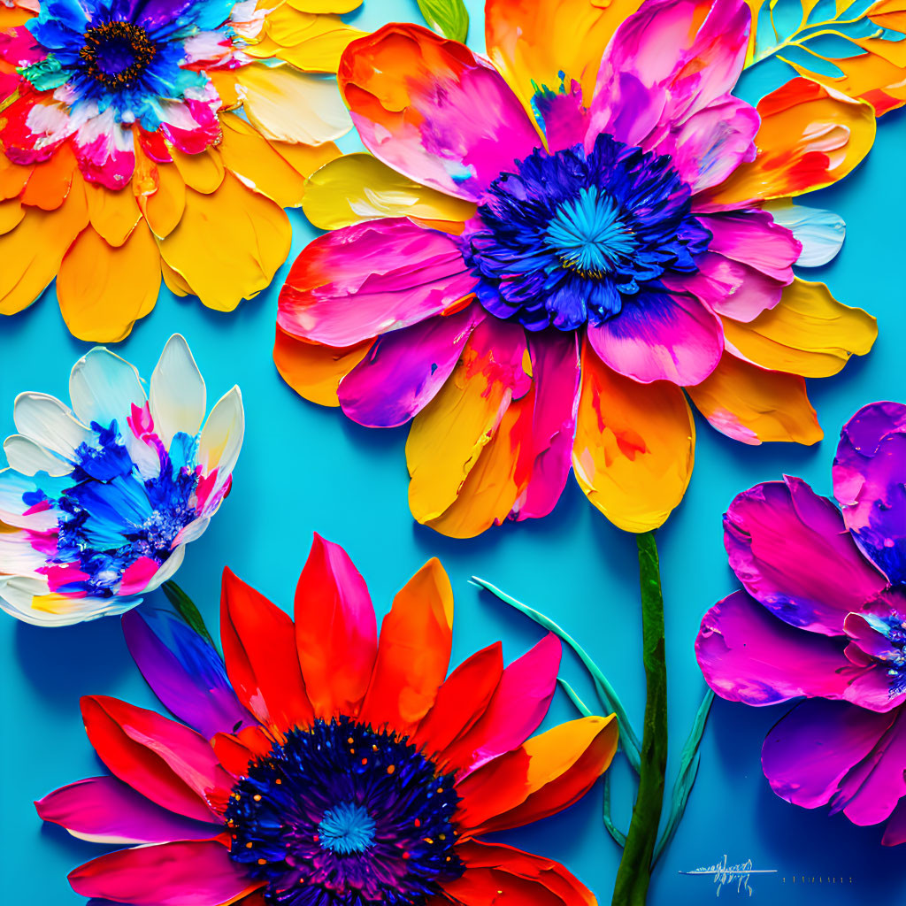 Colorful Artificial Flowers on Bright Blue Background with Pink, Yellow, Orange, and Blue Petals