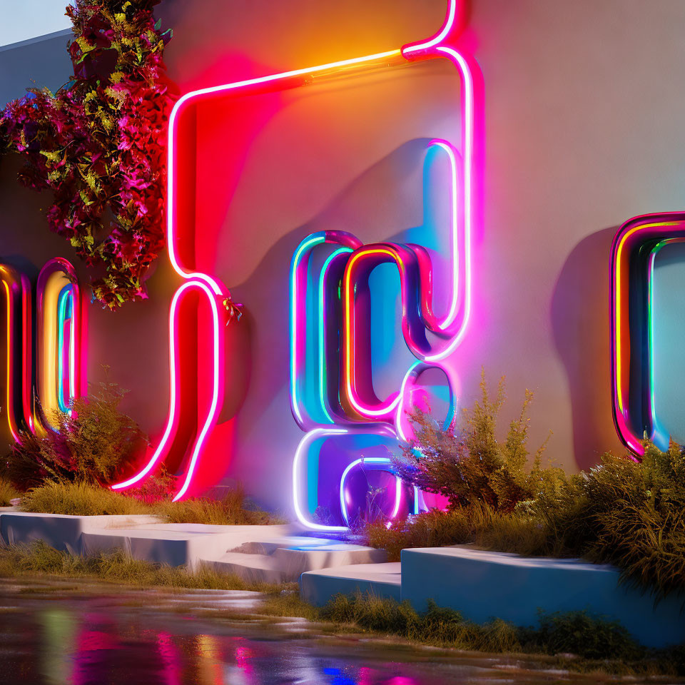 Vibrant neon lights create abstract patterns on building wall at night
