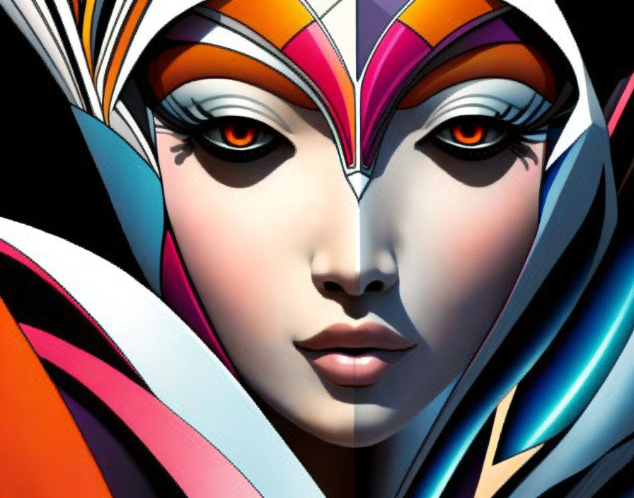 Vibrant digital artwork of a woman's face with geometric patterns in oranges, pinks, and