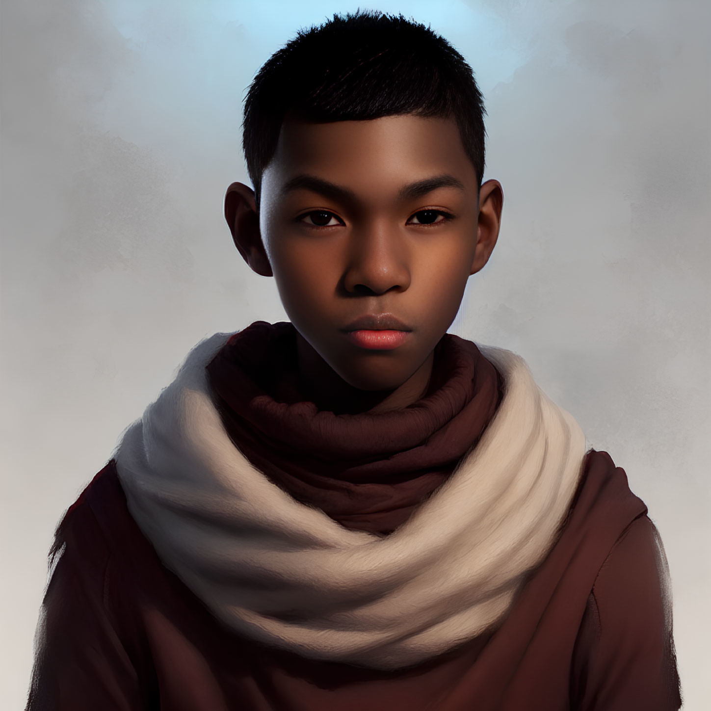 Young boy with short hair in brown shirt and white scarf portrait.