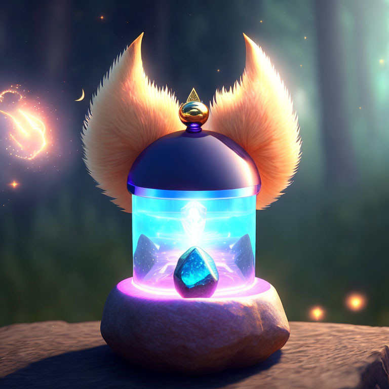 Mystical lantern with blue light, crystal, fiery fox ears, and magical particles