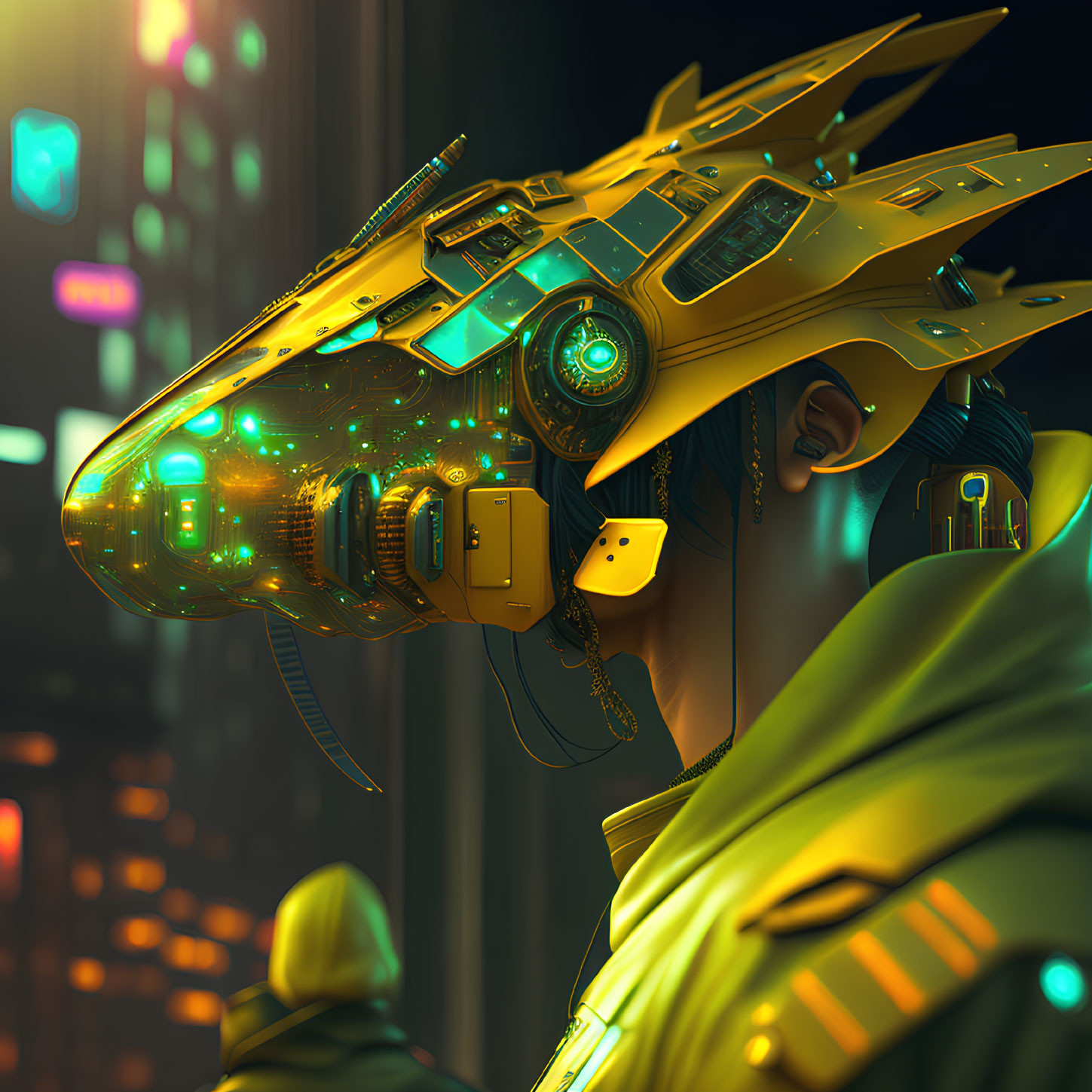 Cybernetic enhanced person in high-tech helmet in futuristic cityscape