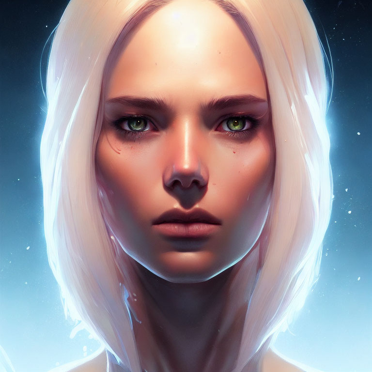 Digital artwork: Platinum blonde person with green eyes and glowing aura on blue background
