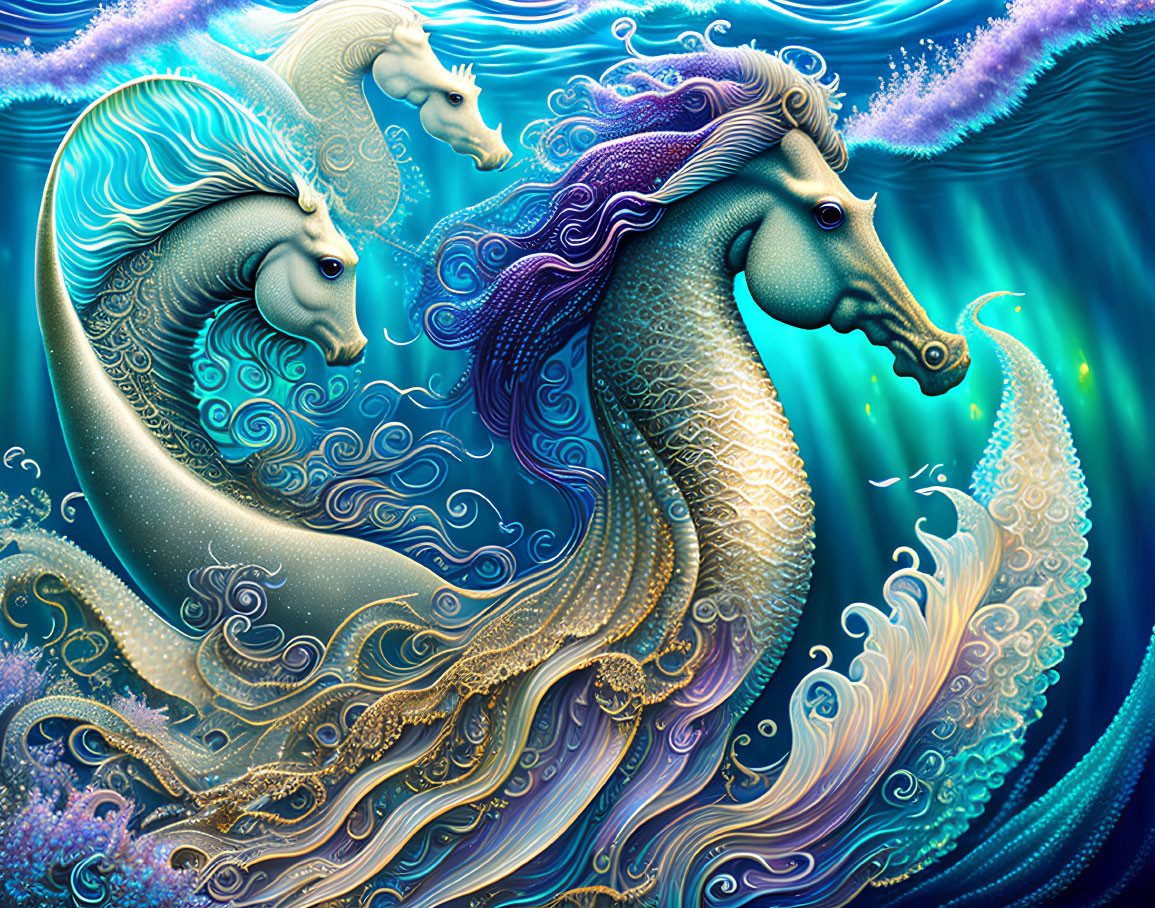 Colorful ornate seahorses in oceanic setting