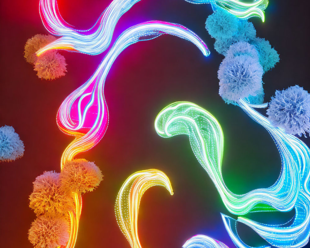 Neon light trails form coral-like structures on dark background