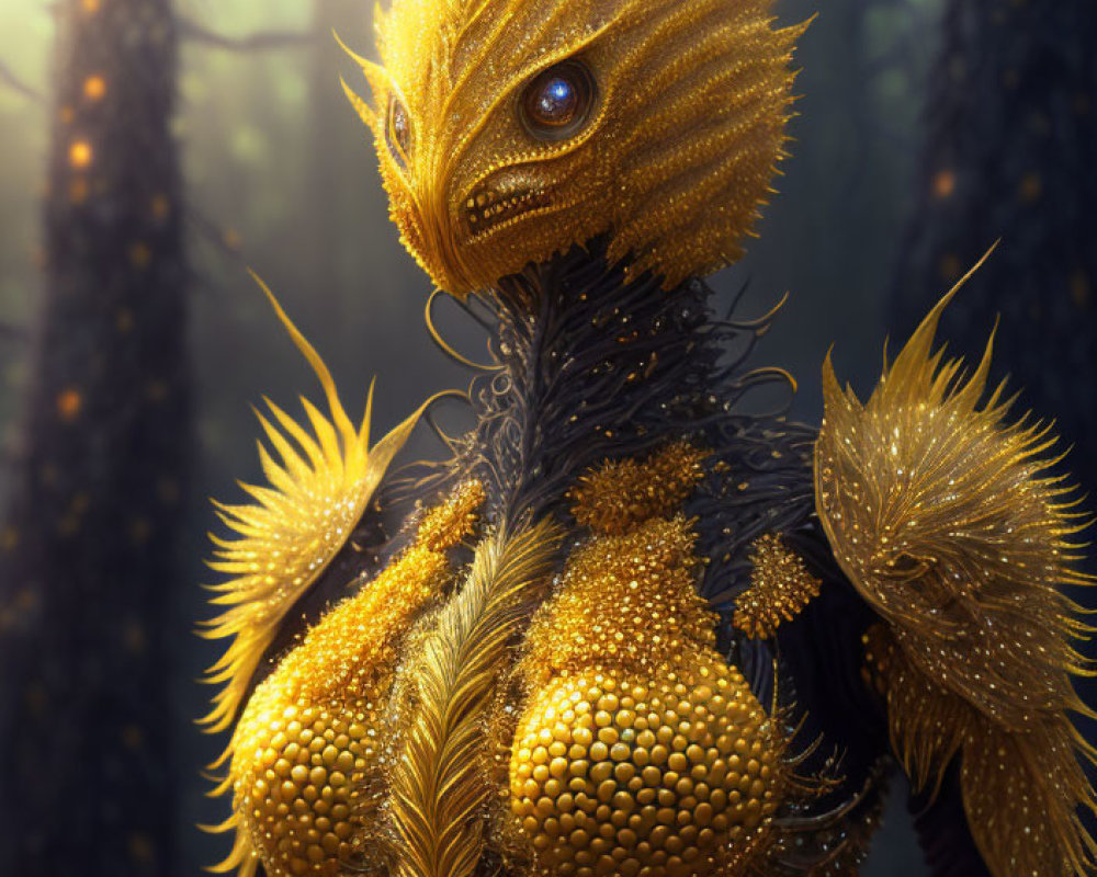 Golden dragon-like creature with intricate scales in misty forest