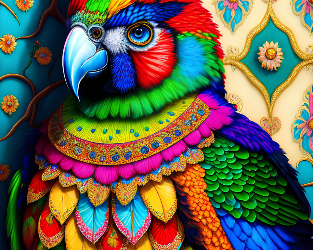 Colorful Parrot Illustration with Intricate Feather Patterns on Blue and Gold Background