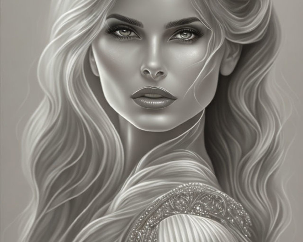 Detailed Monochrome Portrait of Woman with Long Wavy Hair