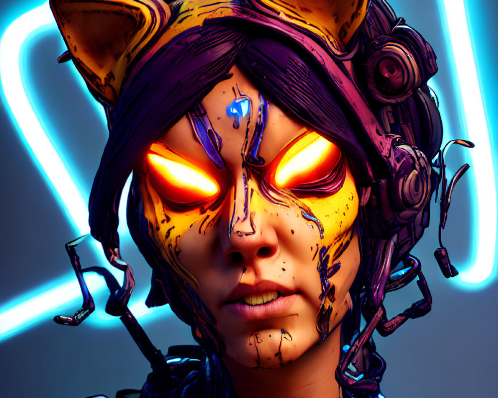 Stylized female character with cybernetic enhancements and glowing yellow eyes on neon blue background