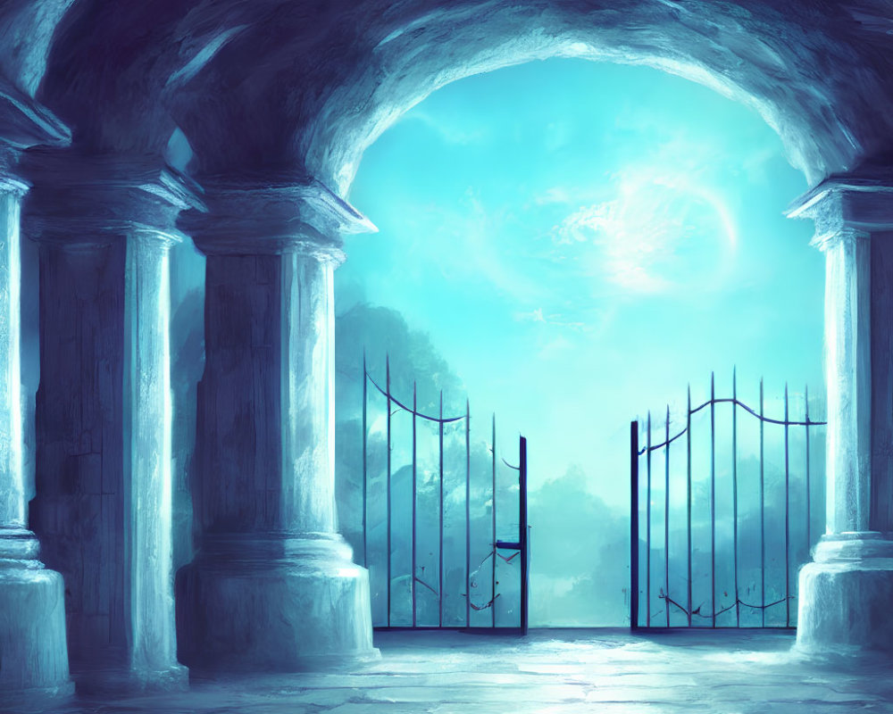 Ethereal fantasy scene with open gates and stone archway.