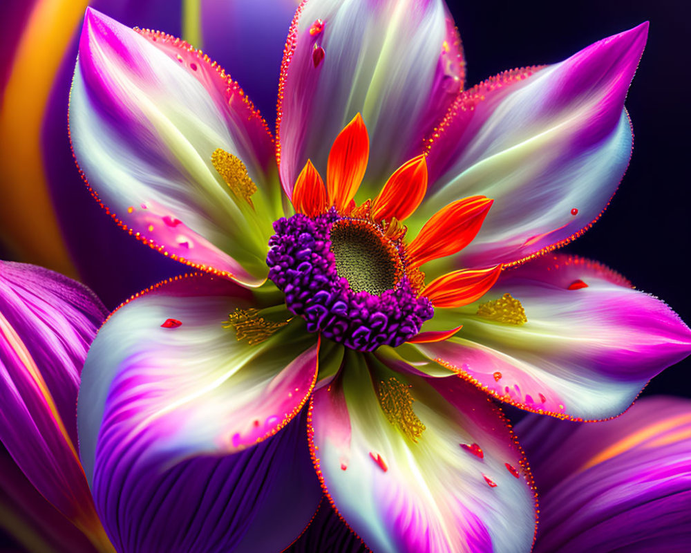 Colorful Digital Art: Vibrant Flower with Purple, Yellow, and Orange Petals on Dark Background