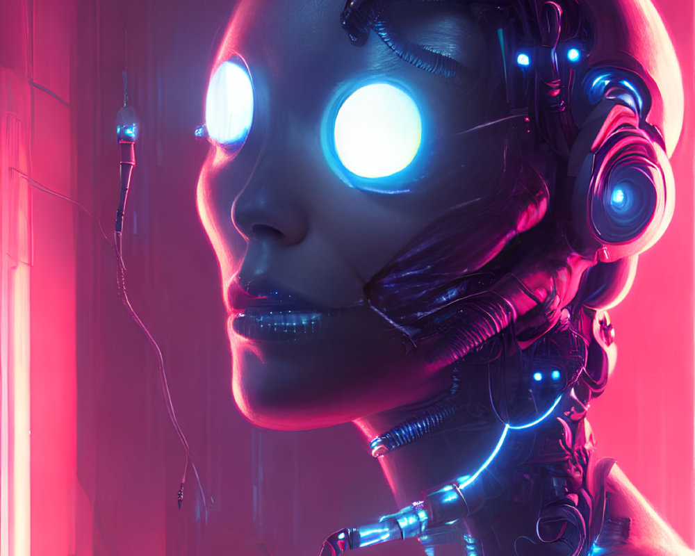 Detailed Female Android Head With Glowing Blue Eyes