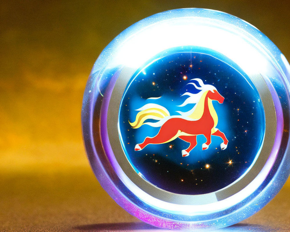 Stylized red horse on glowing orb, Sagittarius zodiac symbol, starry background.