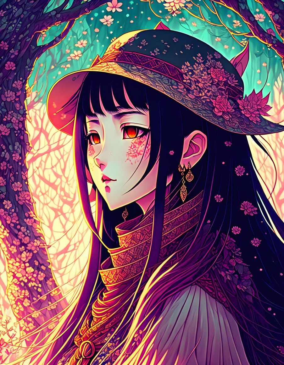Detailed illustration of girl with black hair, adorned hat, intricate attire, amidst pink blossoms.