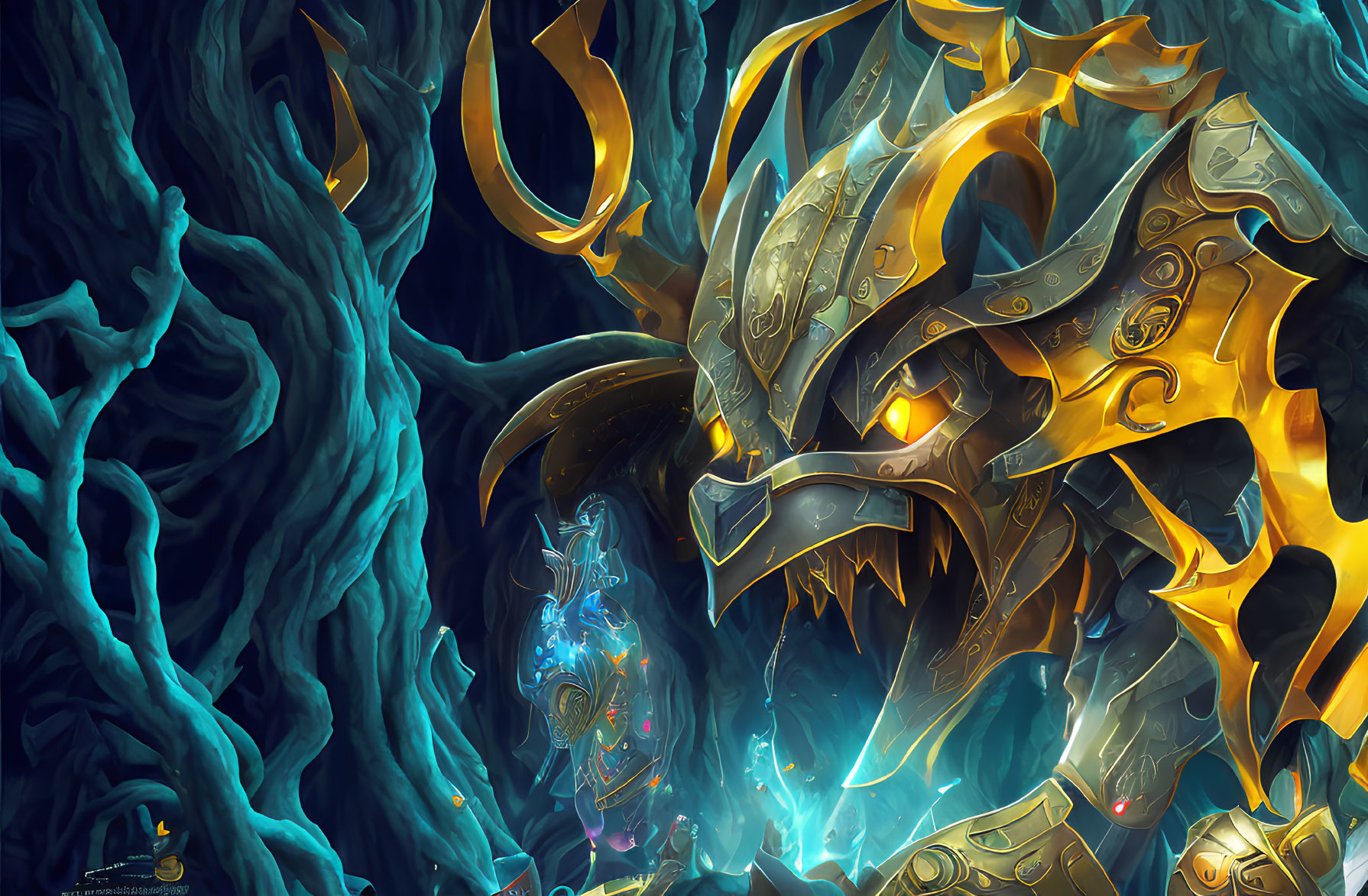 Golden Armored Dragon with Glowing Blue Eyes in Twisted Blue Cavern