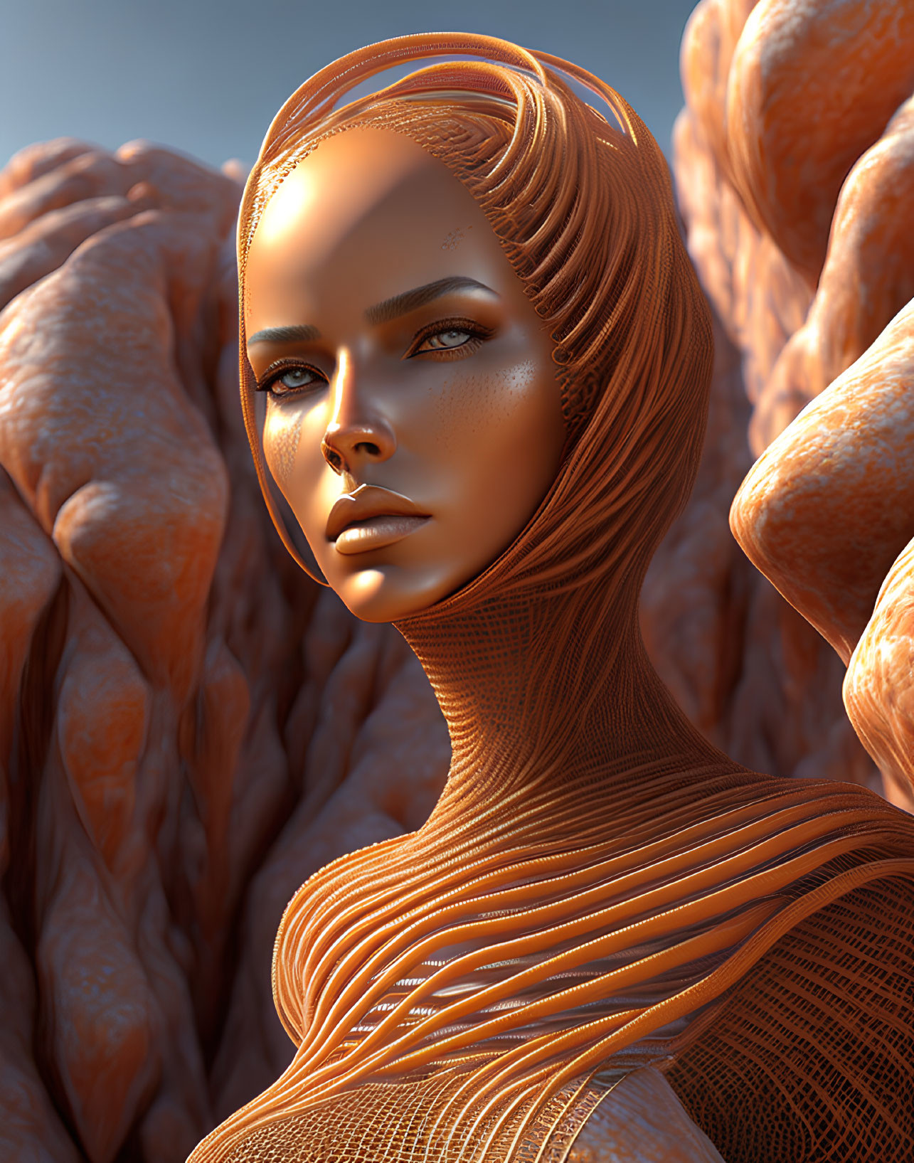 Futuristic digital artwork of female figure with orange texture skin