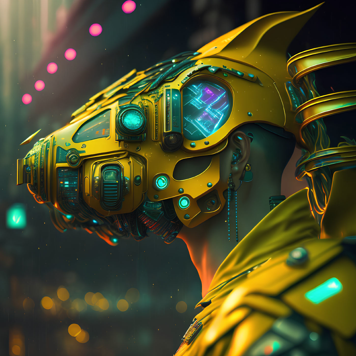Detailed Yellow Cybernetic Helmet in Neon-Lit Futuristic Setting