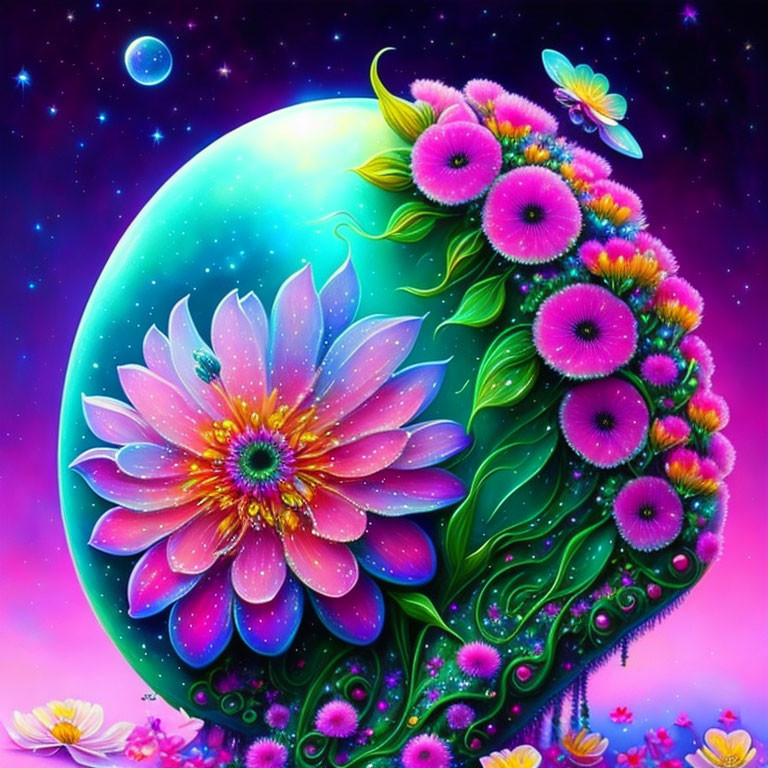 Colorful Floral Planet Artwork with Pink Flower and Butterfly in Starry Space