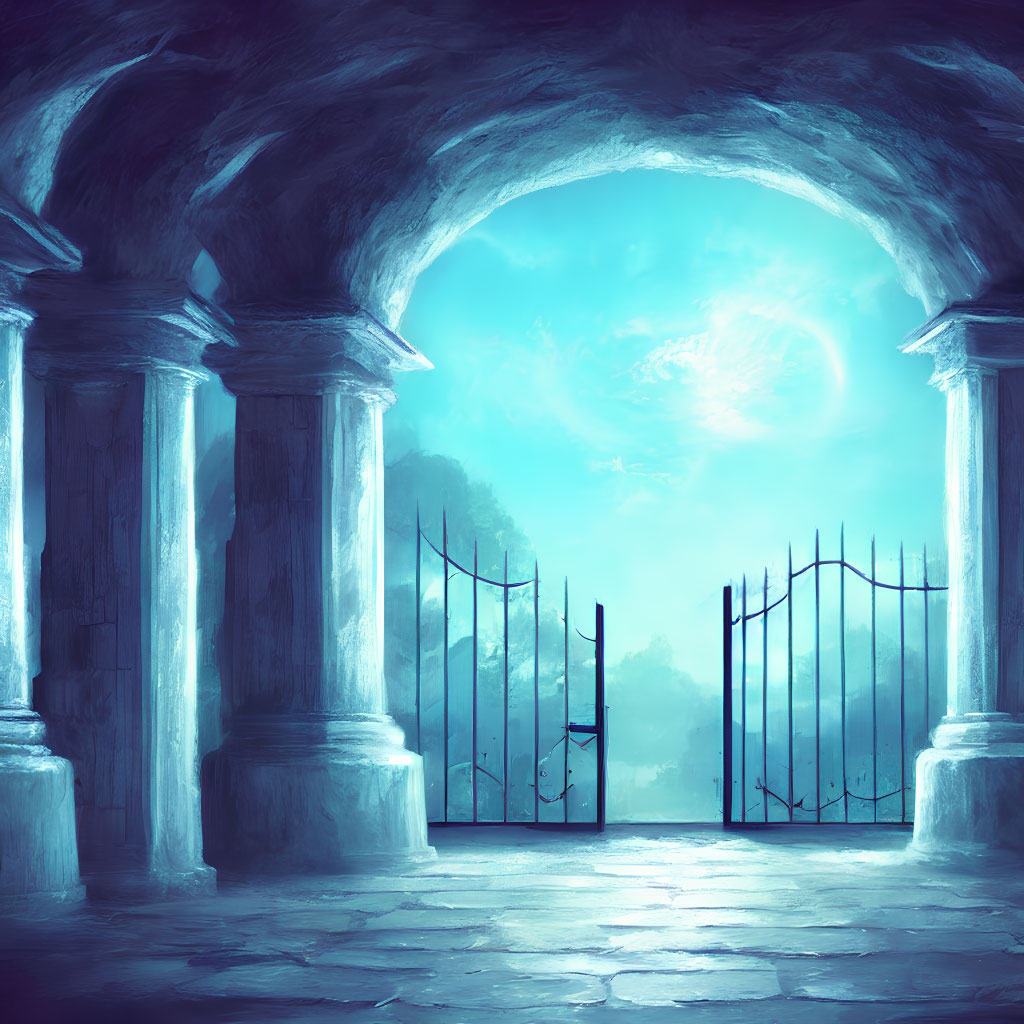 Ethereal fantasy scene with open gates and stone archway.