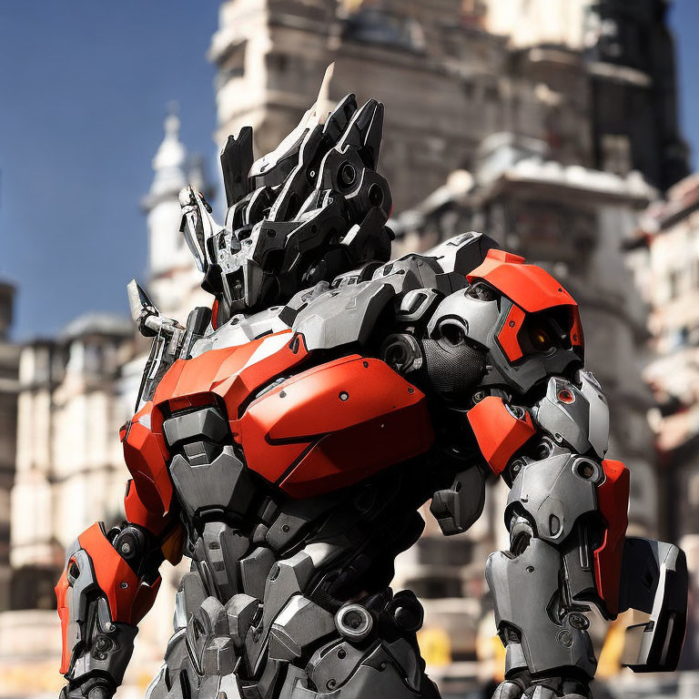 Realistic Red and Gray Mech Costume with Humanoid Features amid Classical Architecture