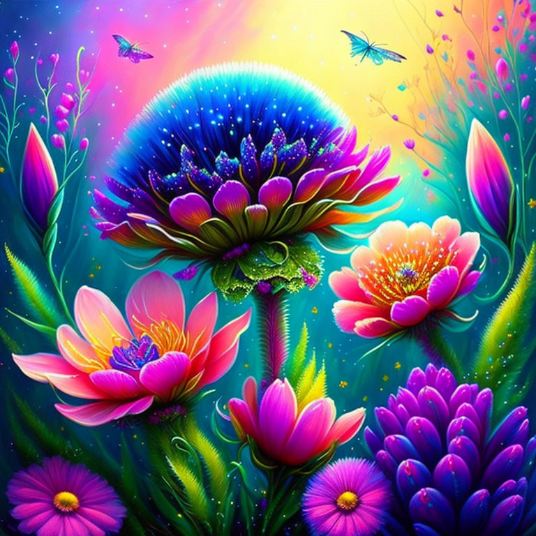Colorful digital artwork: neon flowers and foliage under fantasy sky