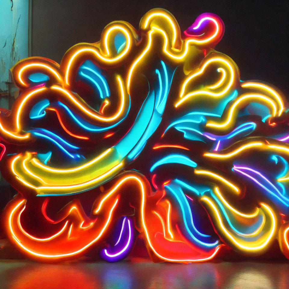Colorful neon light display with wavy lines in abstract brain-like shape
