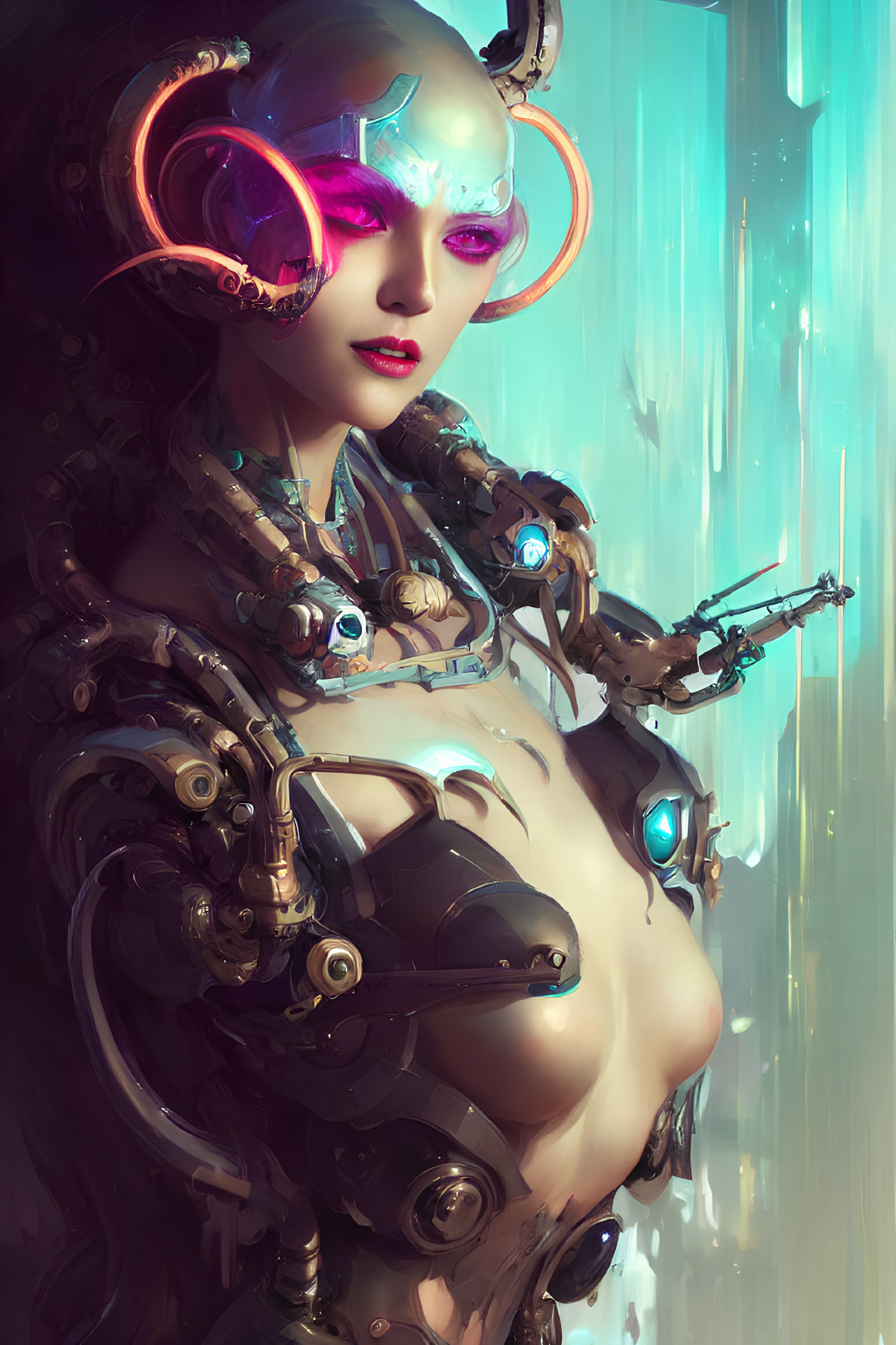 Female android with exposed mechanical parts and glowing blue eyes in digital backdrop