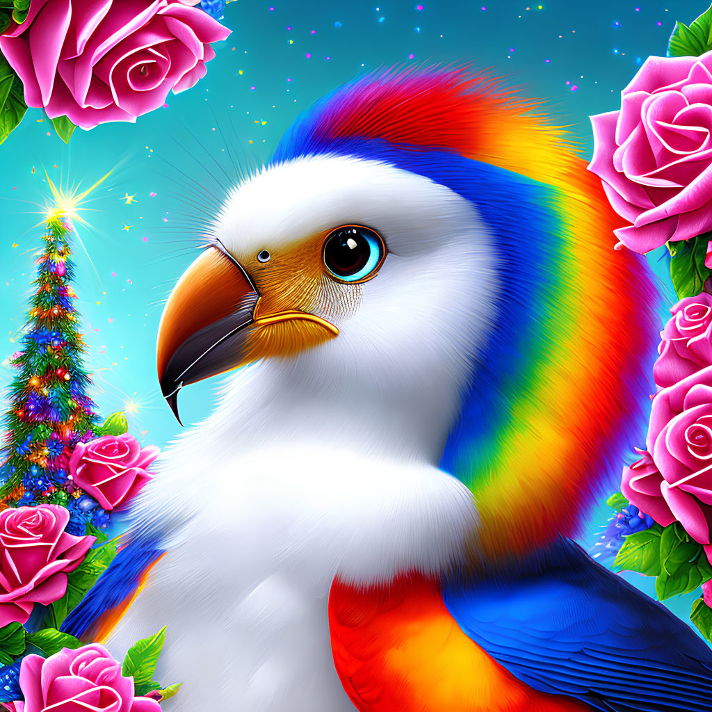 Colorful Eagle Illustration Among Pink Roses and Starry Sky