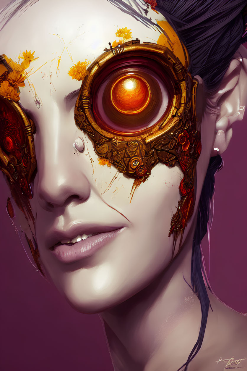 Detailed illustration of female with mechanical eye, gold accents, red lens, pink background, and yellow flowers
