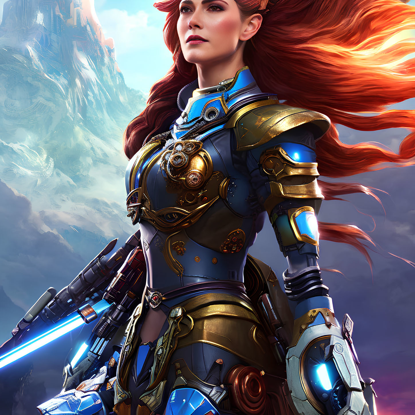 Red-haired female warrior in blue and gold armor with high-tech gauntlet.