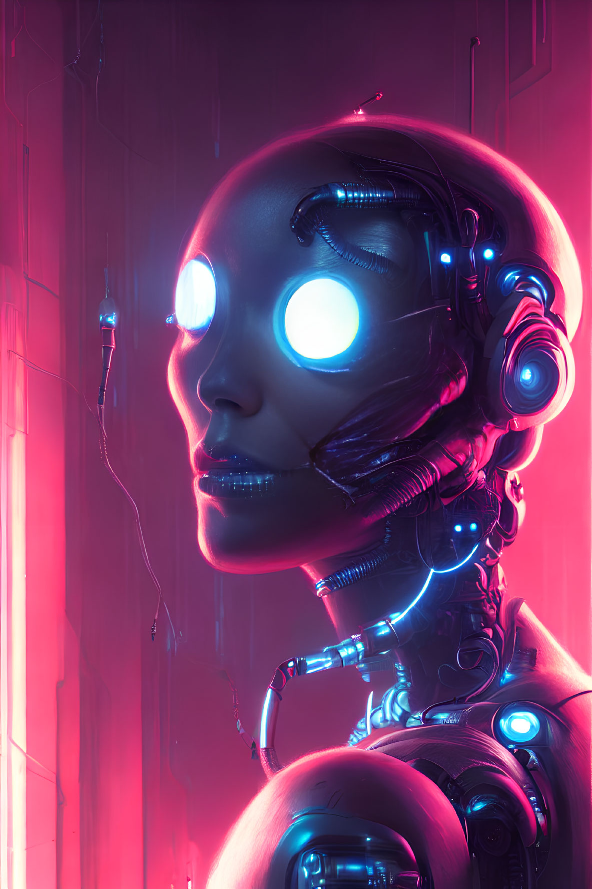 Detailed Female Android Head With Glowing Blue Eyes
