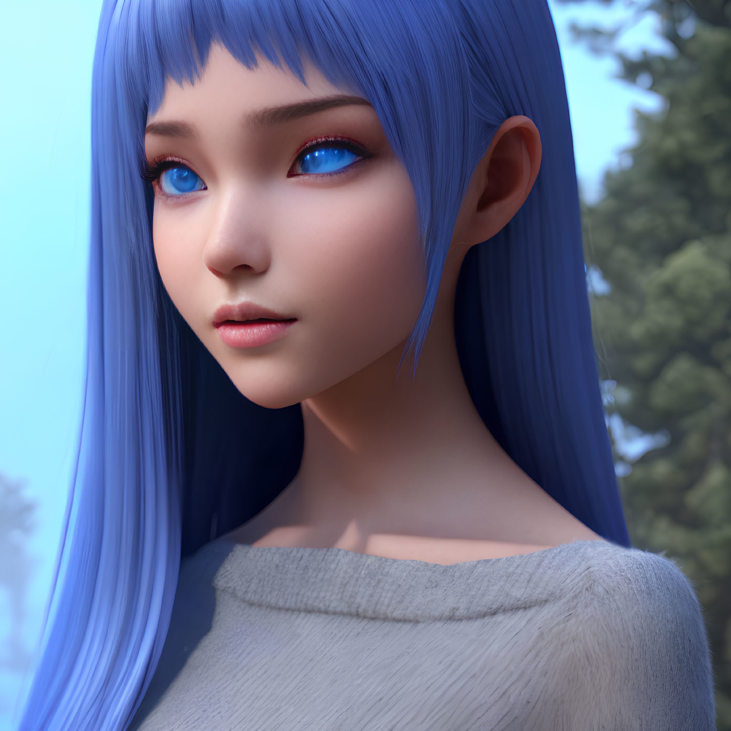 Digital artwork of female character with blue hair and eyes in gray top against misty forest.