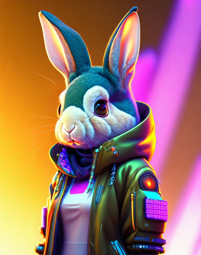 Detailed 3D anthropomorphic rabbit in modern attire on vibrant background