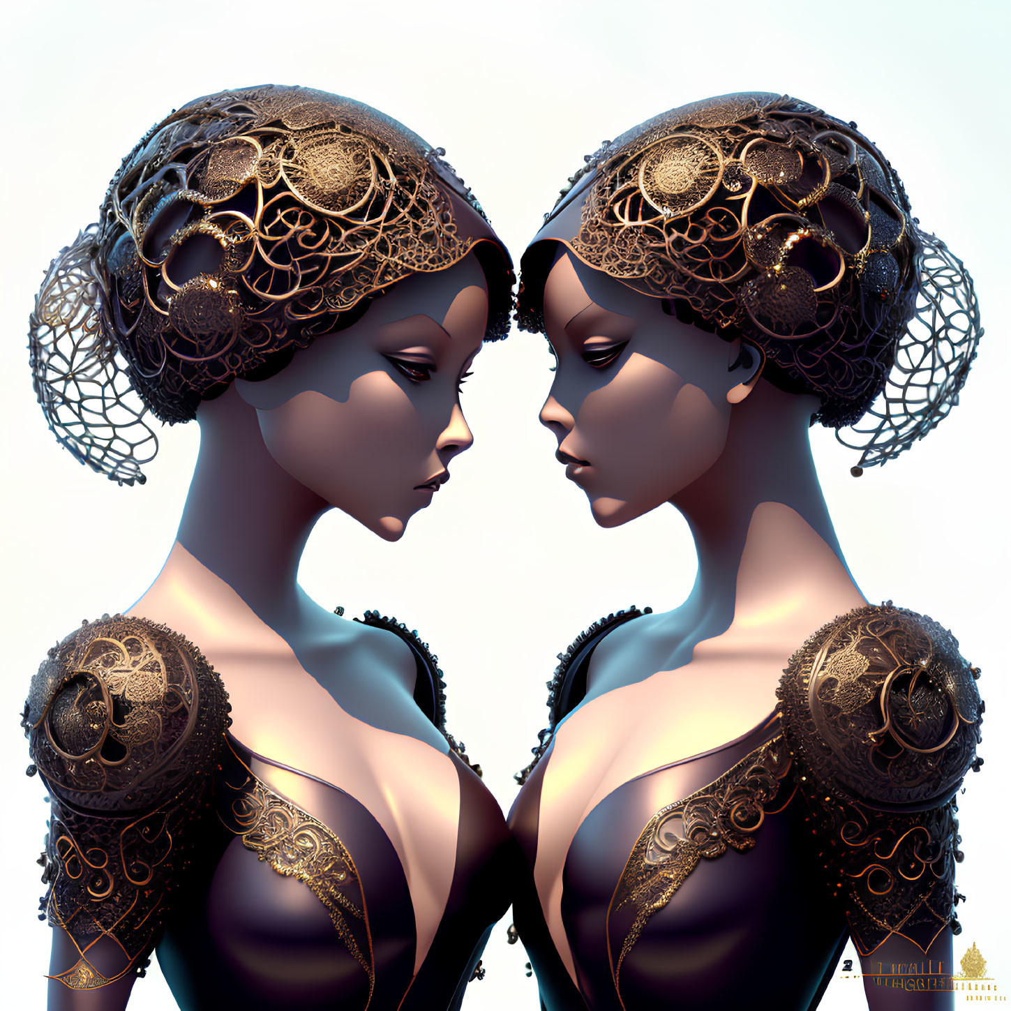 Symmetrical digital artwork of two women with ornate headdresses and shoulder embellishments