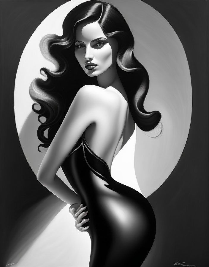Monochromatic illustration of woman with flowing hair and suggestive pose