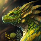 Detailed mythical bird creature with golden patterns, green feathers, and orange eye