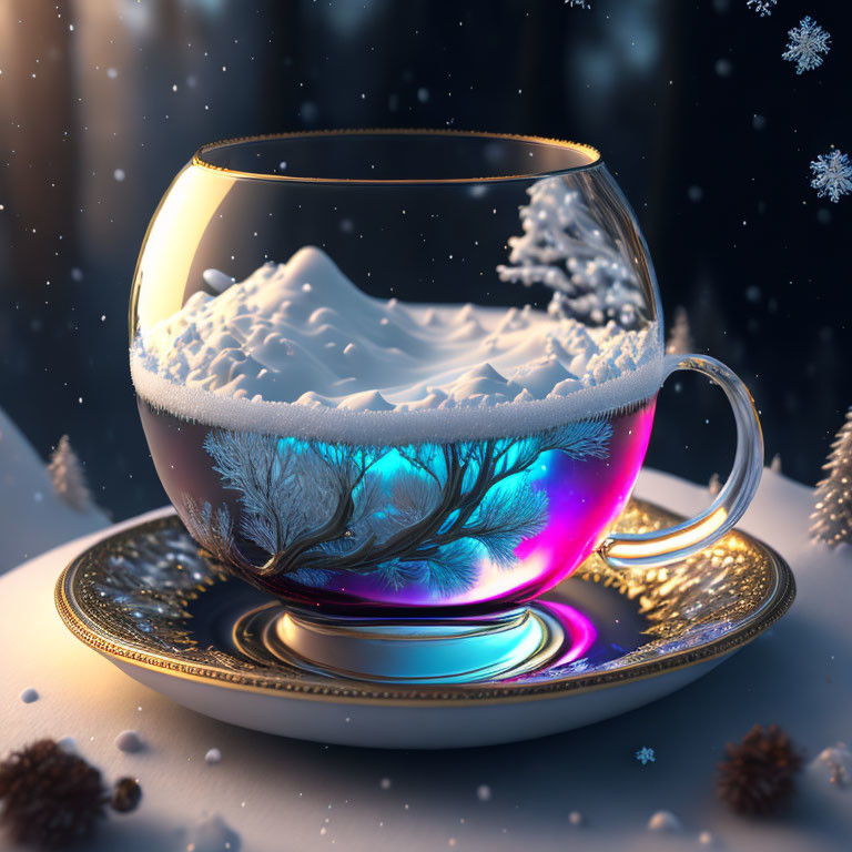 Glass Cup with Miniature Winter Scene on Decorative Saucer