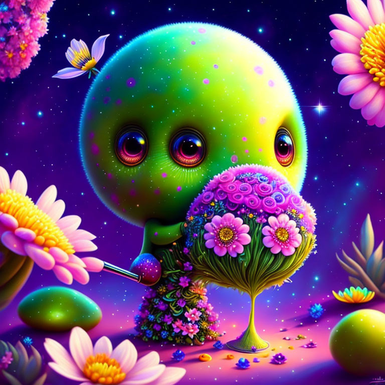 Colorful Alien Creature with Bouquet Among Vibrant Flowers
