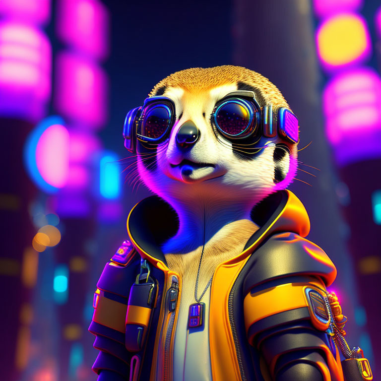 Anthropomorphic meerkat in futuristic attire against neon cityscape