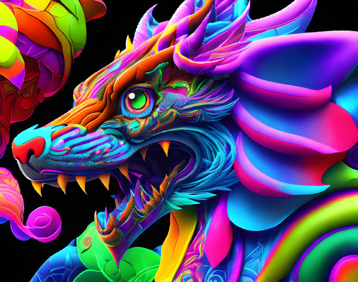 Colorful Dragon Artwork with Neon Hues on Dark Background